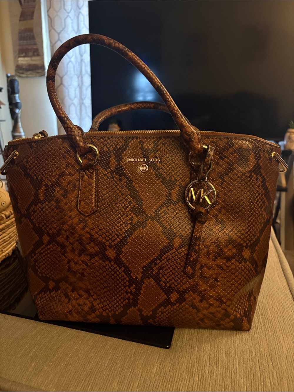 Michael Kors Brown Snake-Print Satchel with Gold MK Charm